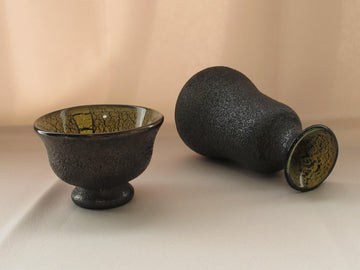 ガラス黒薩摩　桜島灰銀箔金彩　冷酒用徳利と盃揃え（徳利×1、盃×1） 限定一点モノ