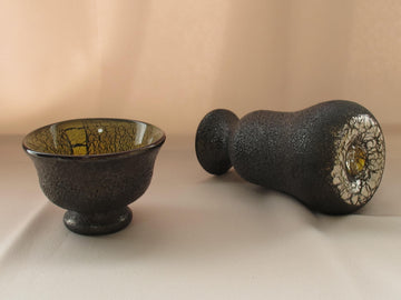 ガラス黒薩摩　桜島灰銀箔金彩　冷酒用徳利と盃揃え（徳利×1、盃×1） 限定一点モノ